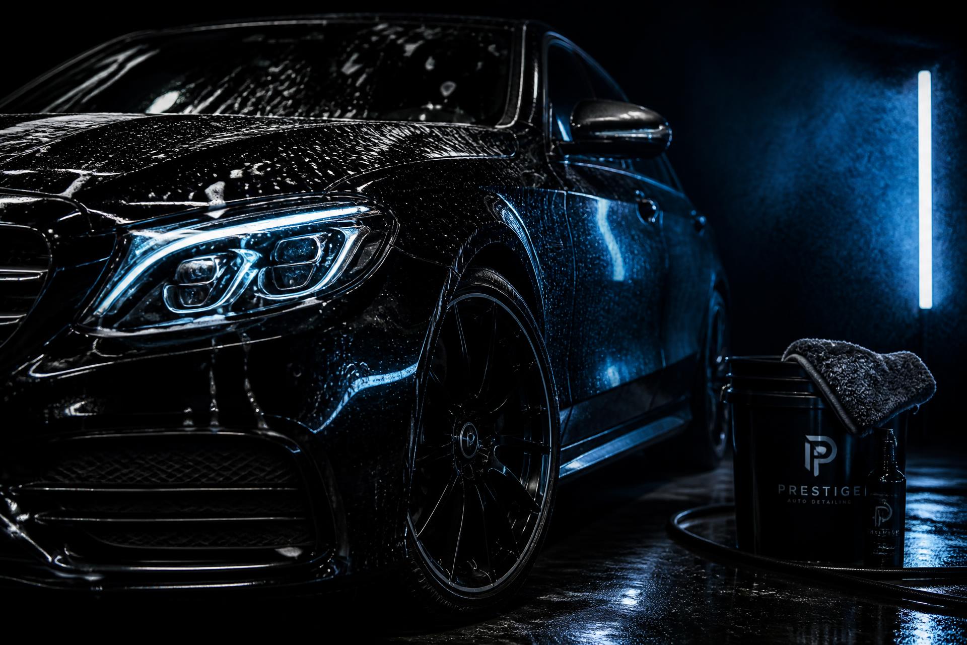 Glossy black car being professionally detailed